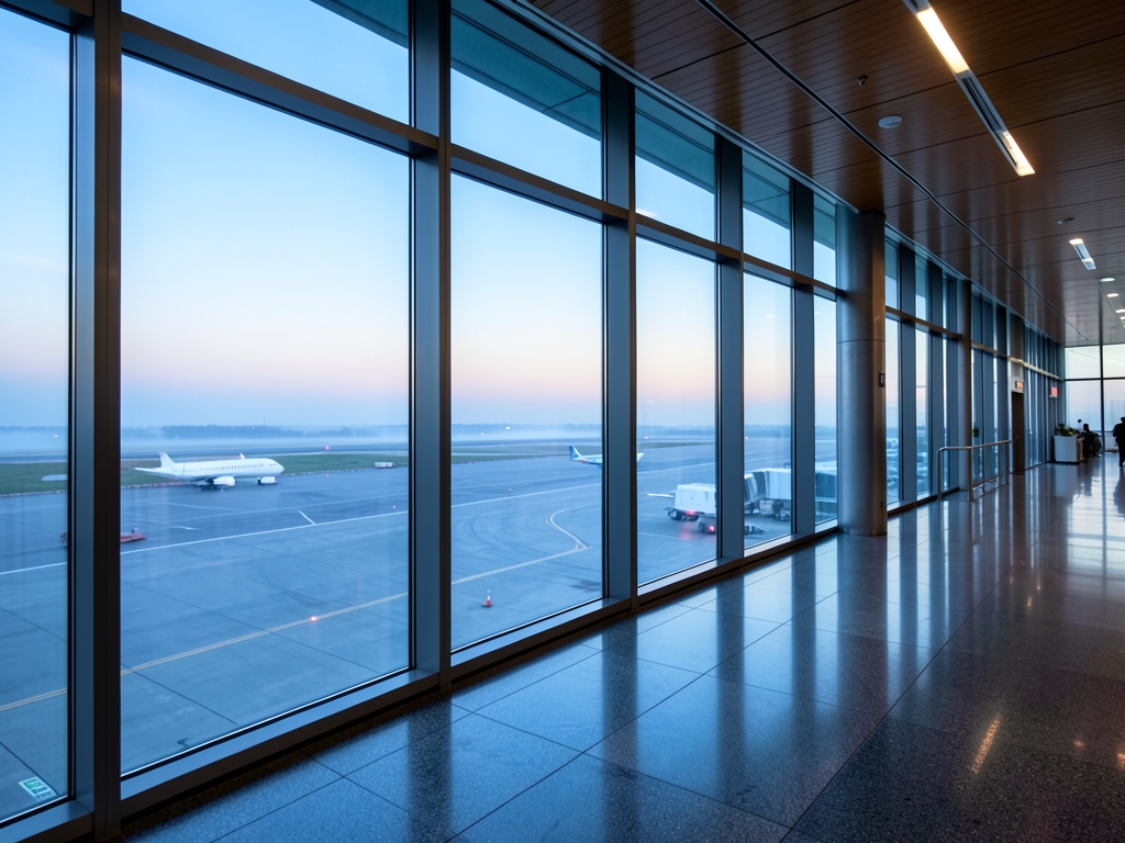 Modern airport terminal with floor to ceiling glass overlooking misty