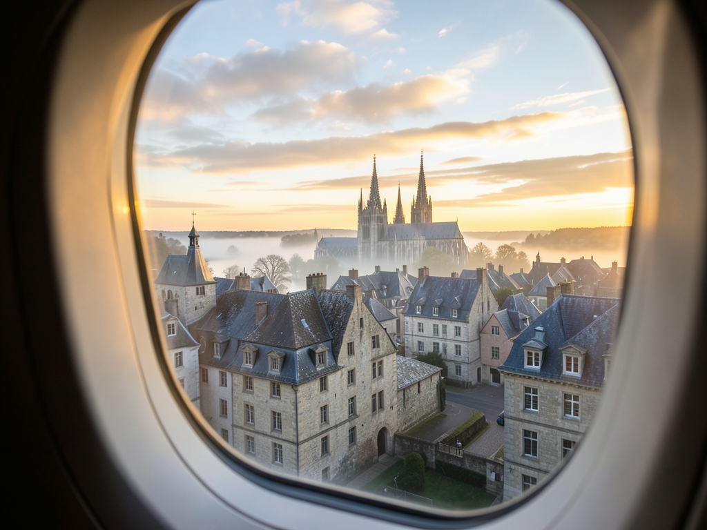 Airplane window view above historic European riverside town