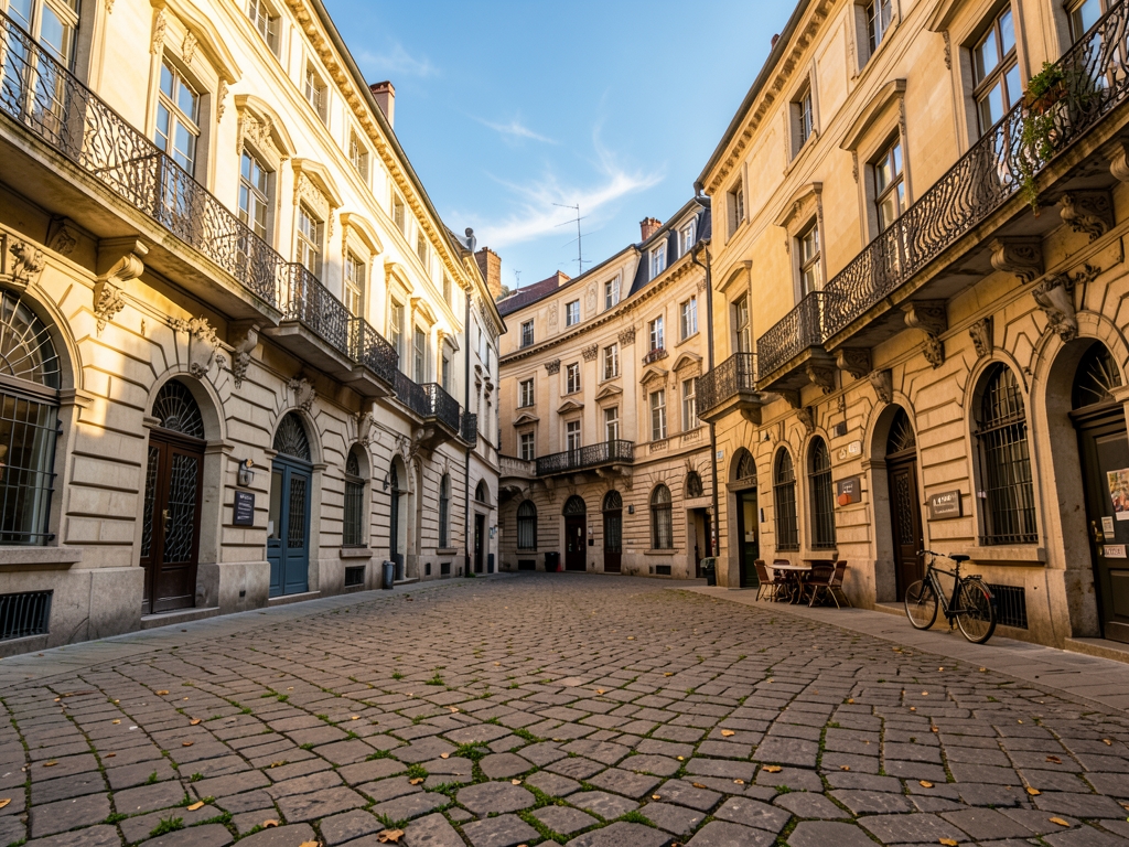 Sunlit historic stone plaza European city with elegant