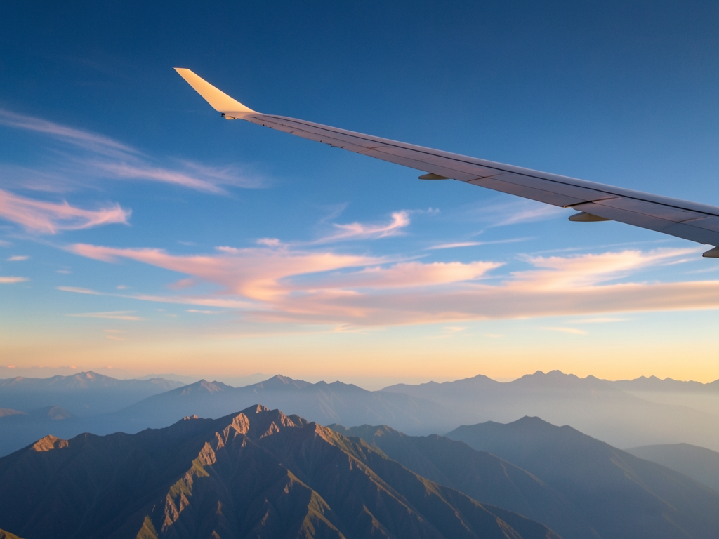 Airplane wing above vast mountain landscape golden hour