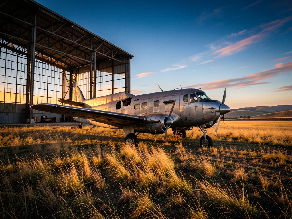 Warm golden hour sunlight streaming through vast hangar