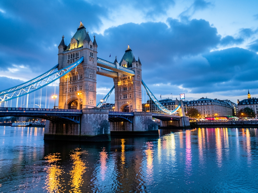Panoramic twilight view over London river with historic
