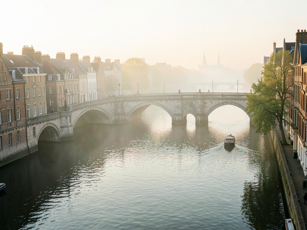 Misty morning view over River Thames with historic