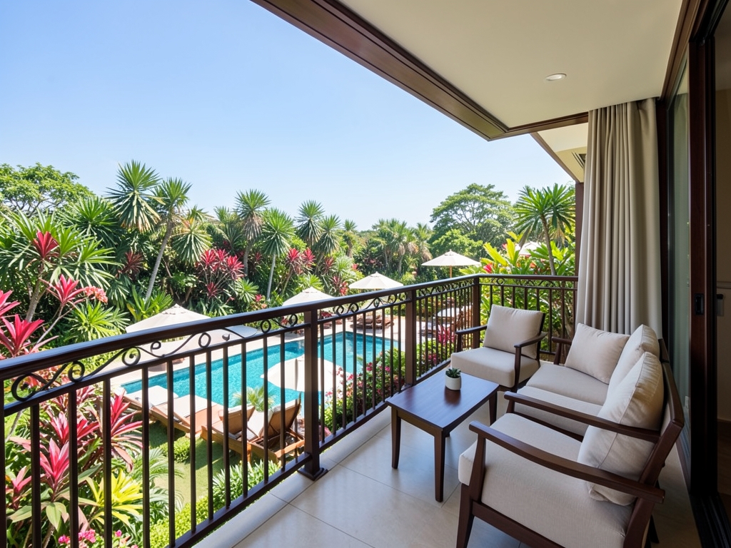 Elegant hotel suite balcony overlooking lush tropical gardens