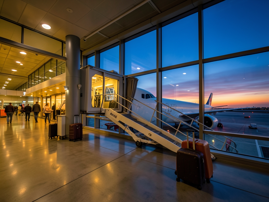 Wide view bridge dusk connecting terminal aircraft suitcases
