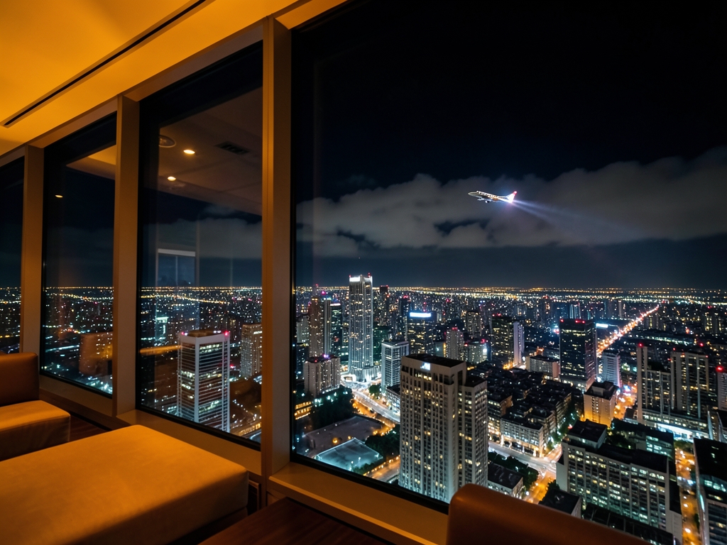 Night view from high rise lounge over glittering city
