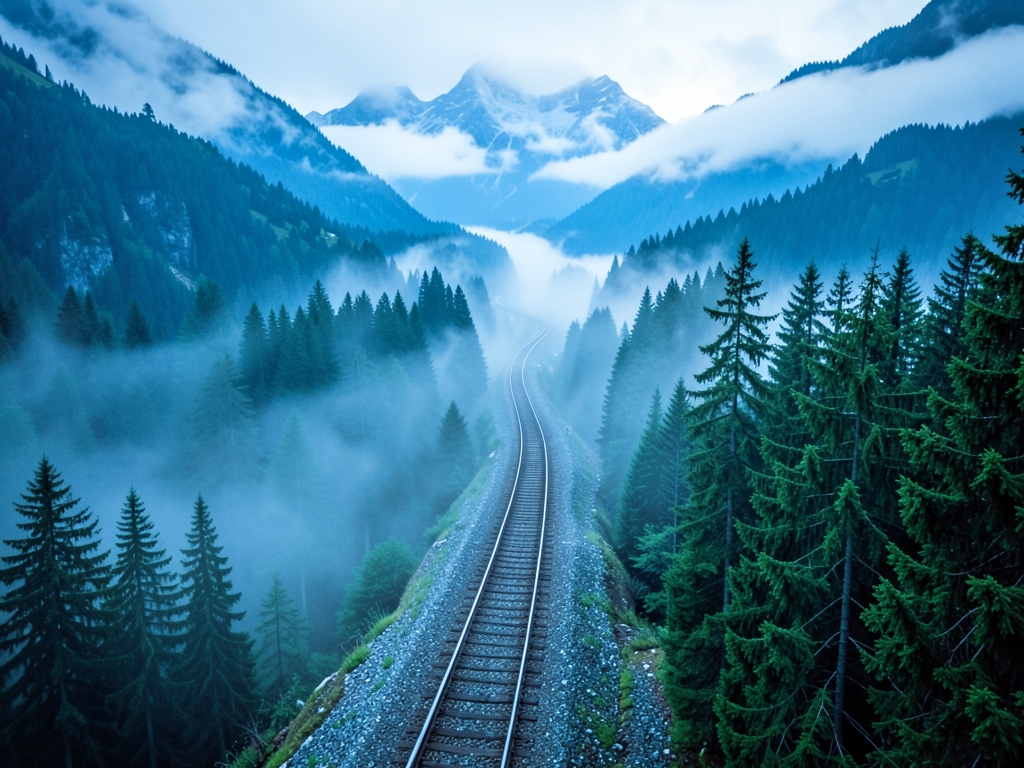 misty morning over Alps with winding railway tracks