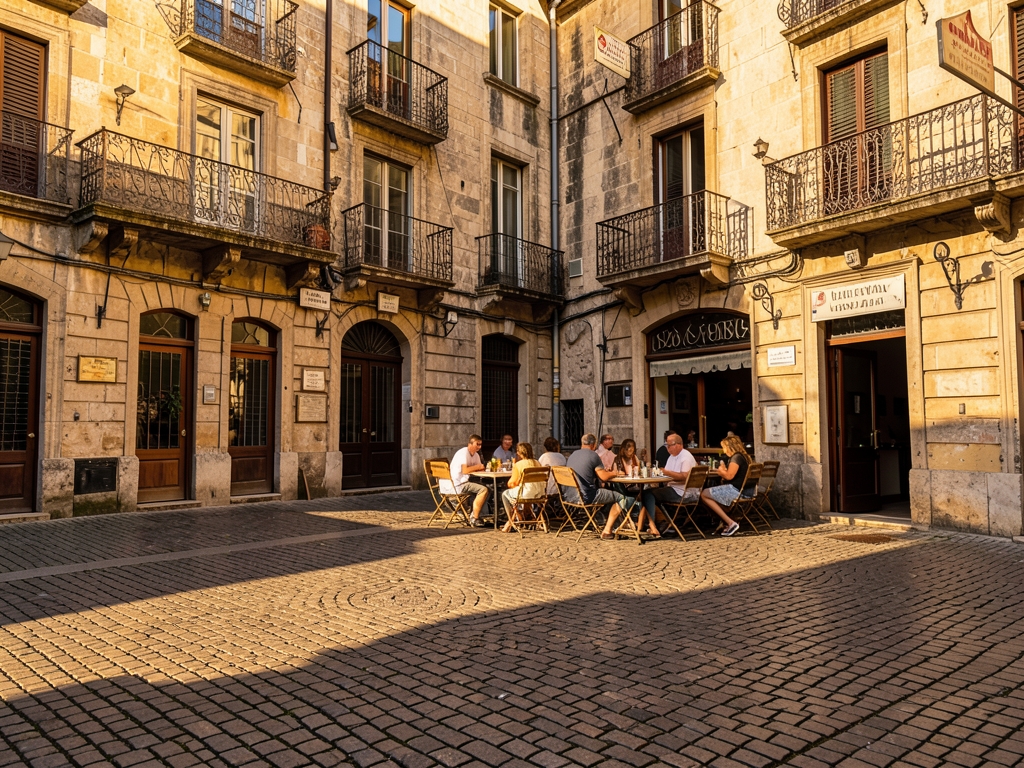 sun drenched cobblestone plaza historic European city weathered stone