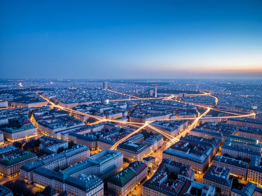 expansive aerial view interconnected European cities dusk glowing
