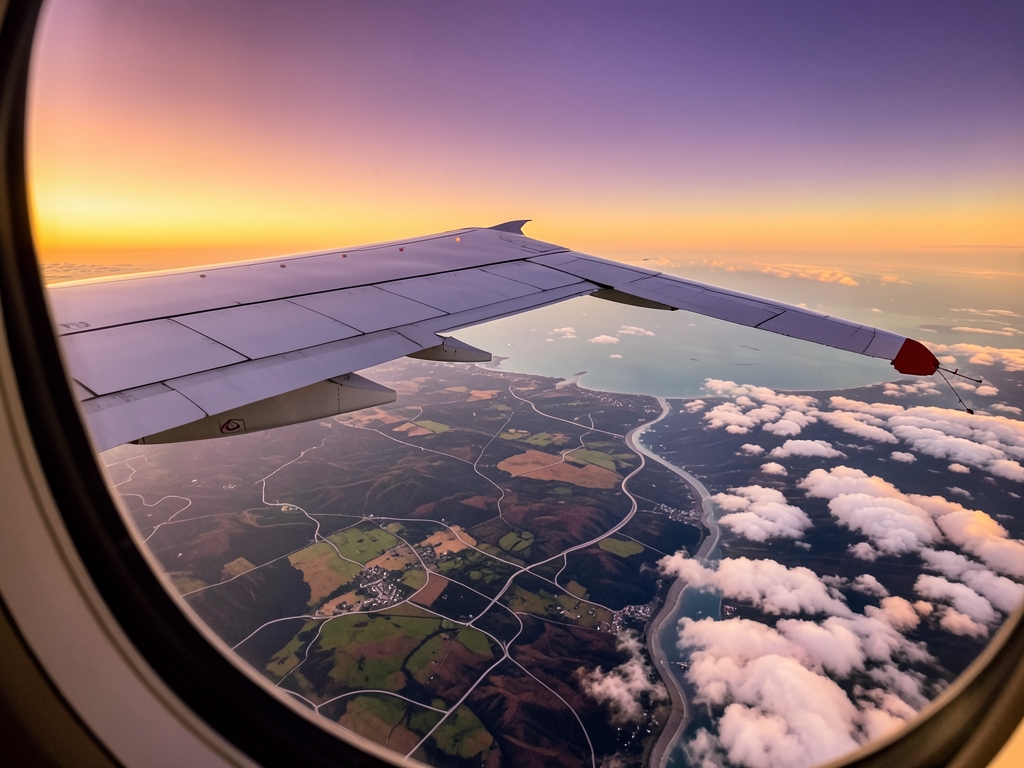 Aerial view from high altitude airplane window seat