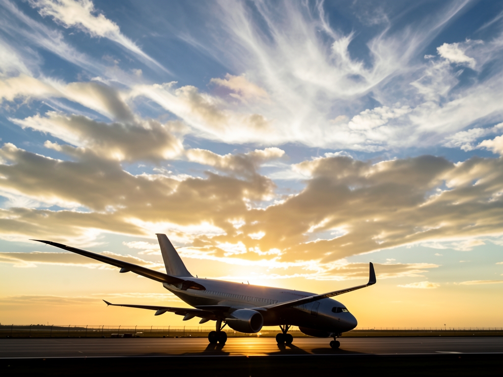 Expansive cloudscape above distant runway golden hour sleek