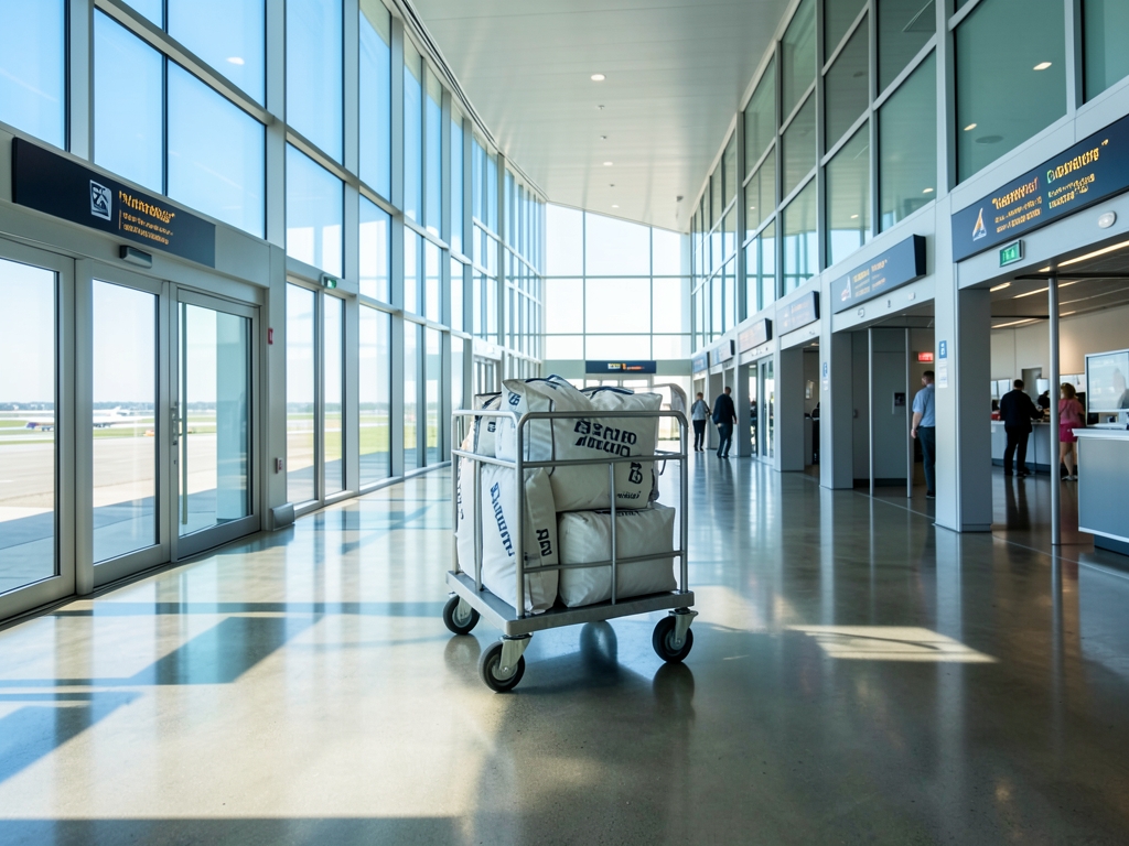 Bright morning terminal corridor with polished concrete floors