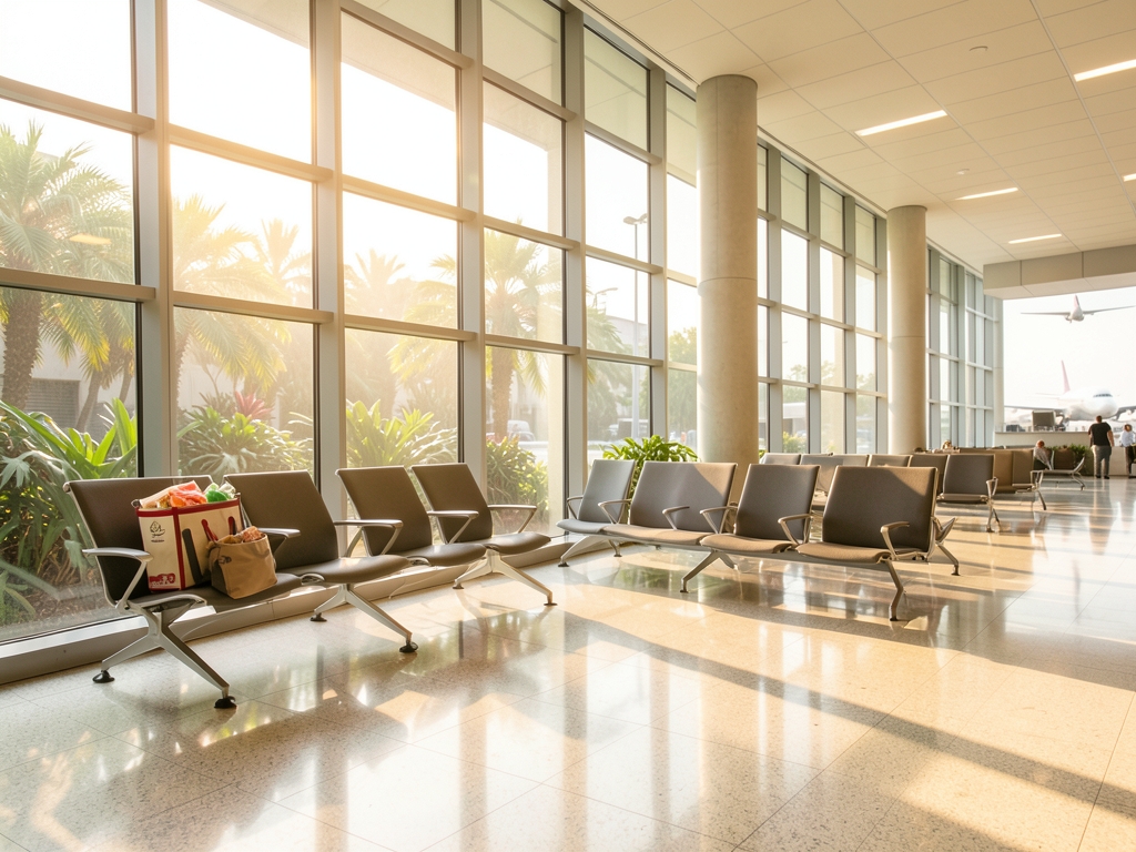sunlit Houston terminal atrium with tall windows tropical