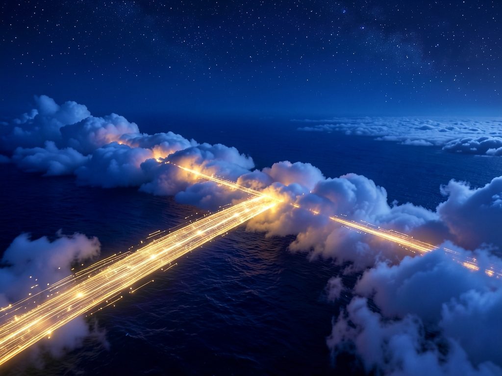 Transatlantic flight path visualized glowing ribbon golden light