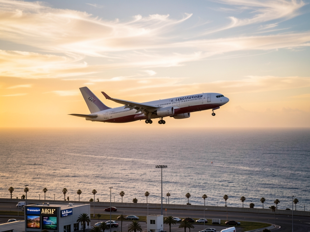 Angeles coastal airport runway golden sunset with large