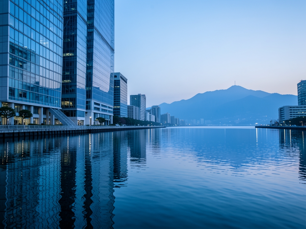 Modern Tokyo waterfront dawn with sleek glass architecture