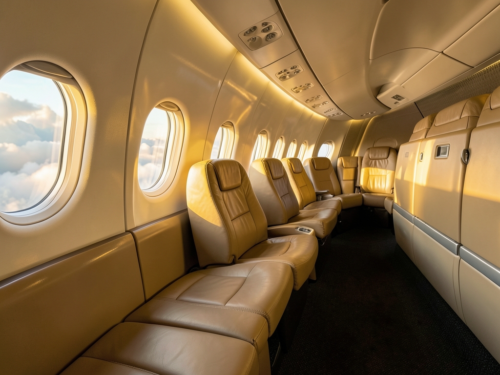 Business class cabin aisle soft golden window light empty