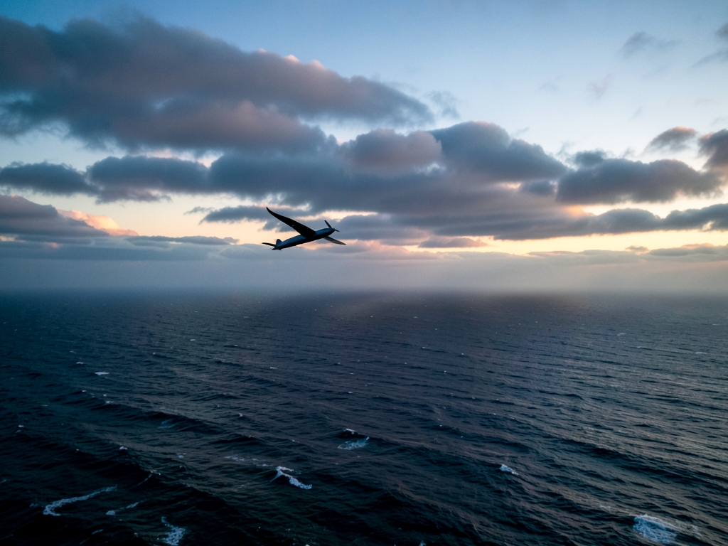 wide aerial view North Atlantic twilight layered clouds