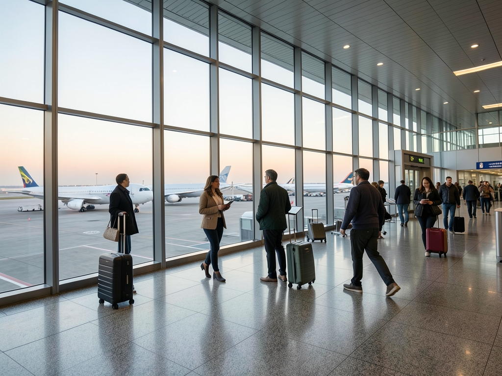 Modern airport terminal dawn glass walls overlooking aircraft