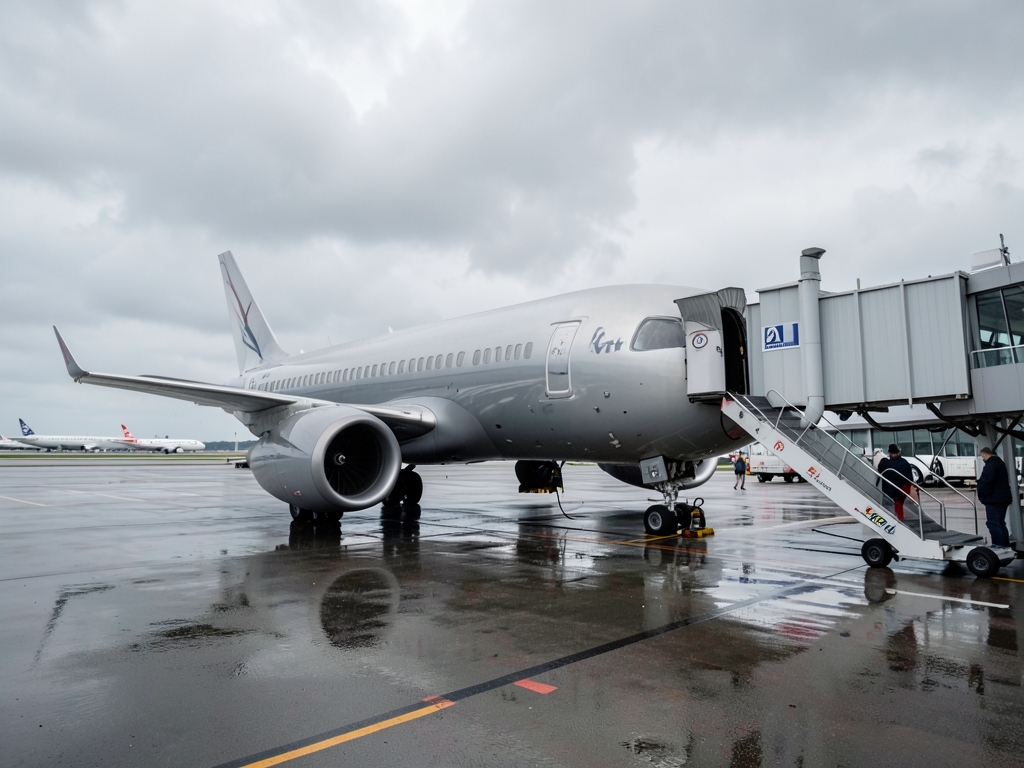 Airliner gate beneath gray clouds damp runway metallic