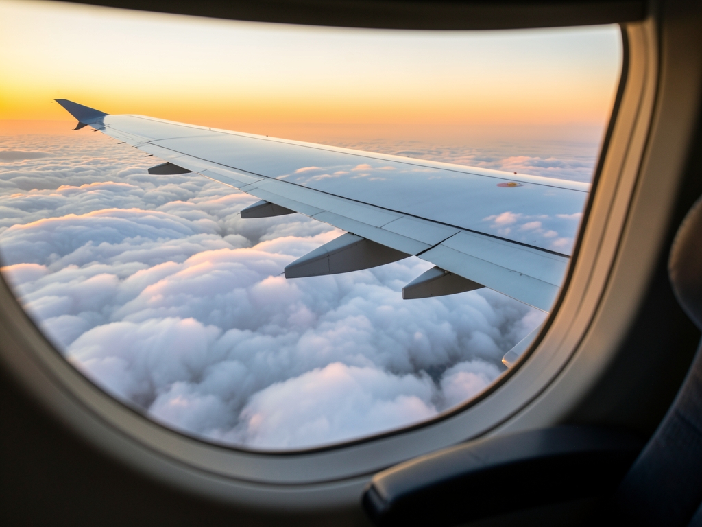 Airplane window view high altitude silver wing stretching