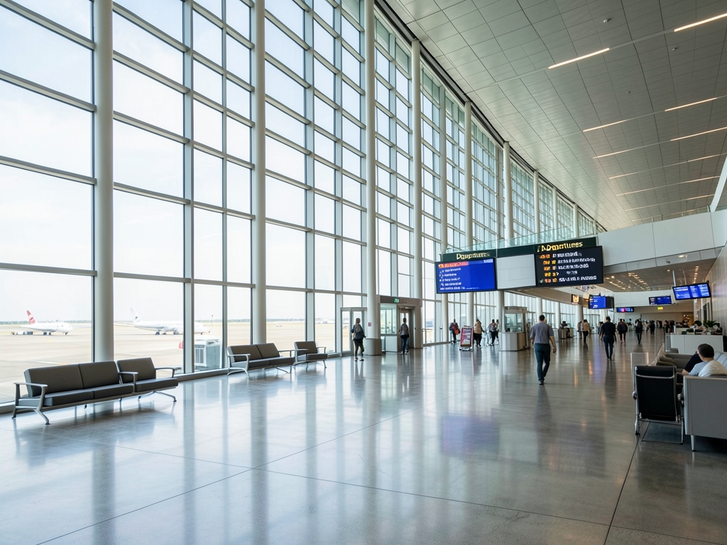 vast modern airport terminal with soaring glass walls