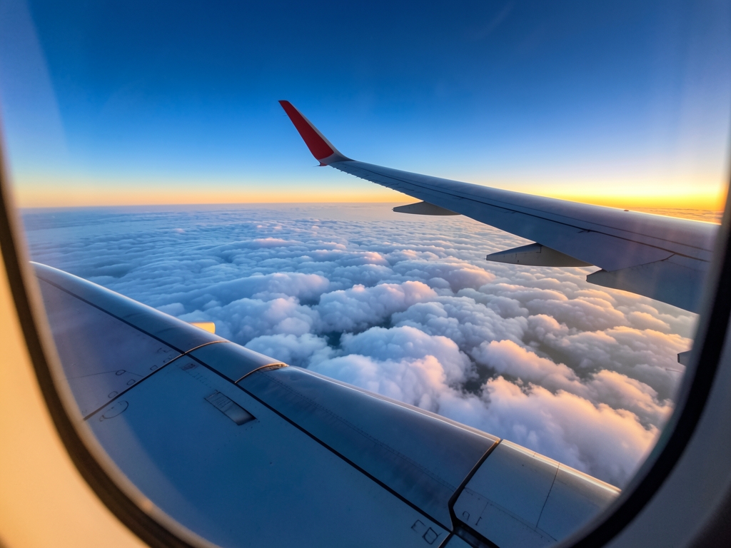 high view from airplane window over soft clouds