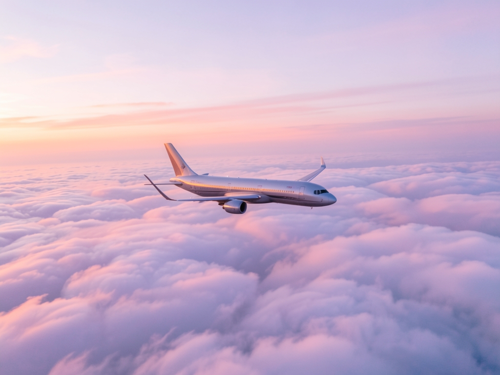 Aerial view commercial airliner cruising above layered sunset