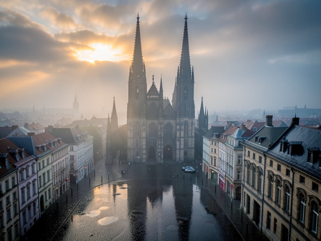 foggy morning over European city skyline with Gothic