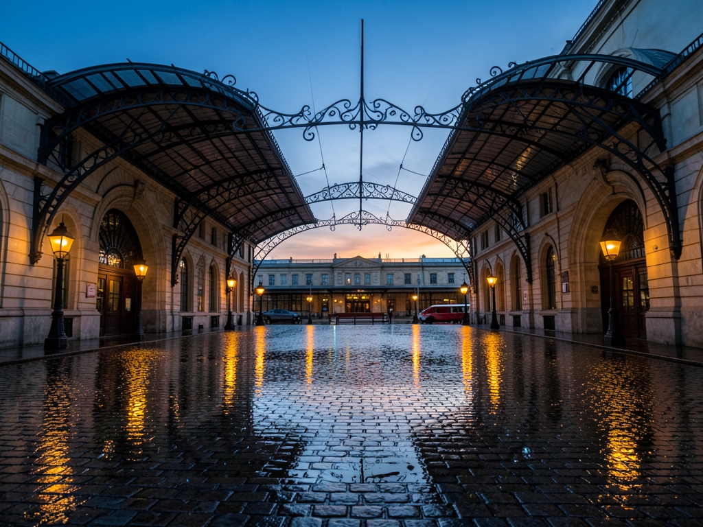 rain soaked cobblestone forecourt outside grand European train station