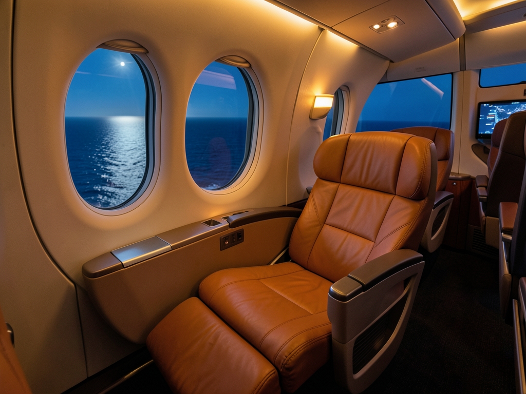Business class cabin interior night over Pacific reclined lie flat