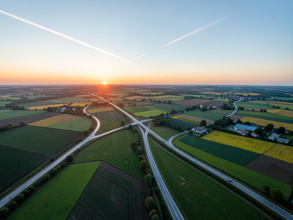 Aerial view winding highways patchwork farmland dusk single