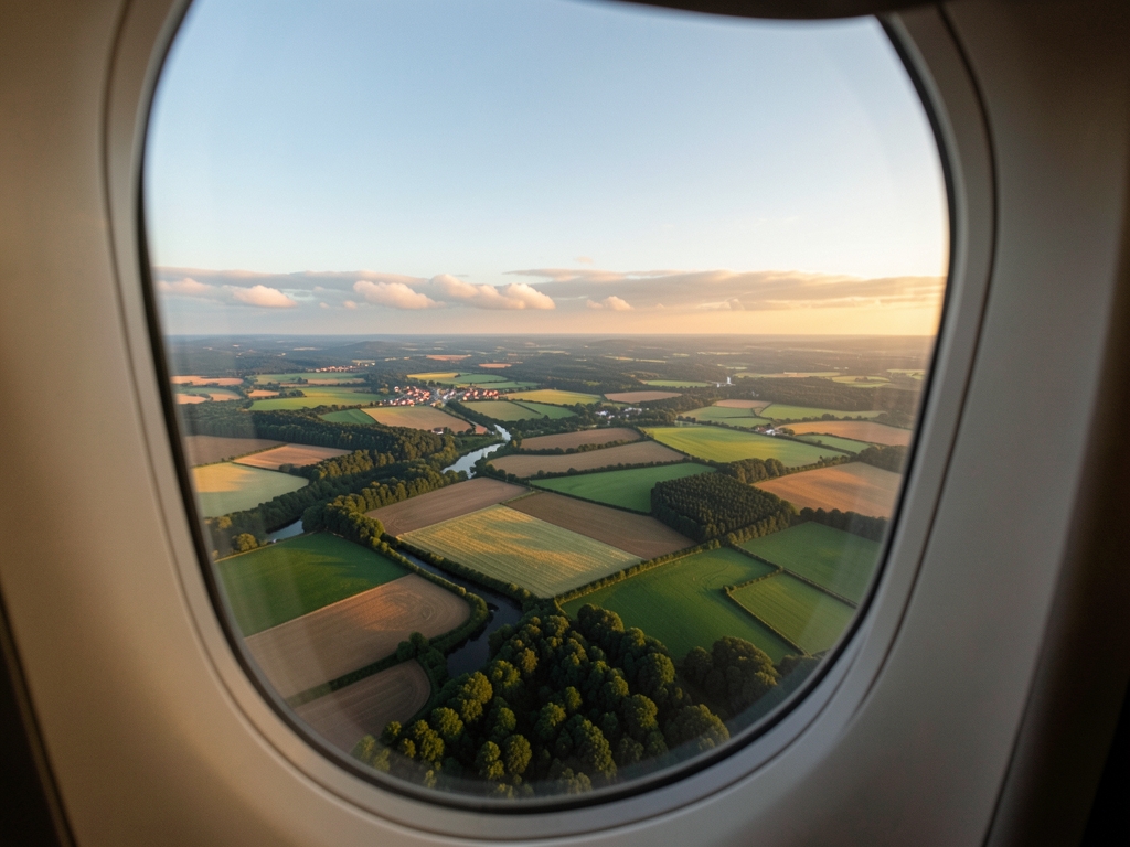 Golden hour view from airplane window over patchwork European