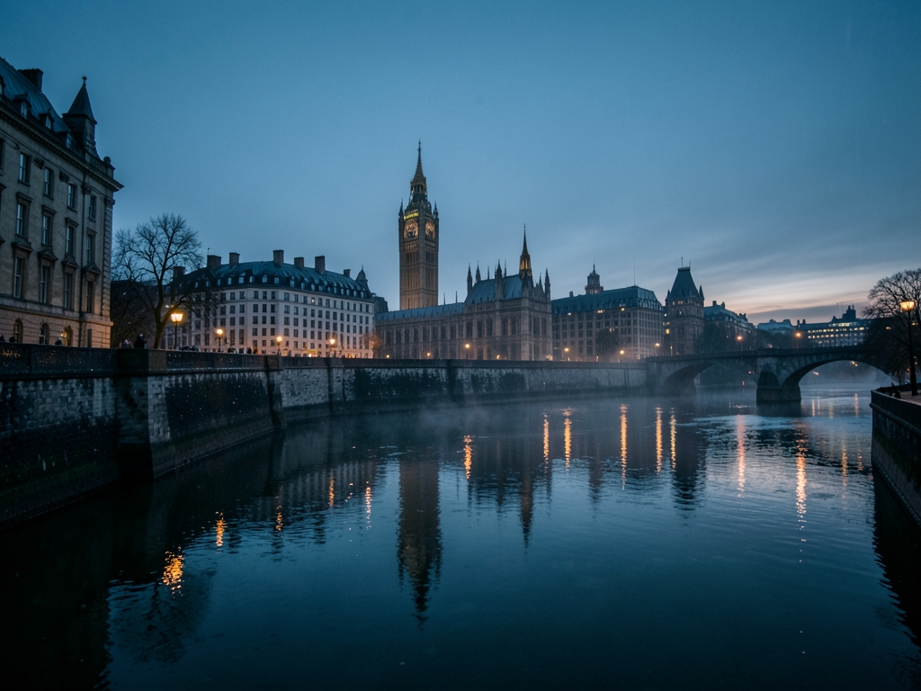 Moody London skyline dusk with Westminster spires Thames
