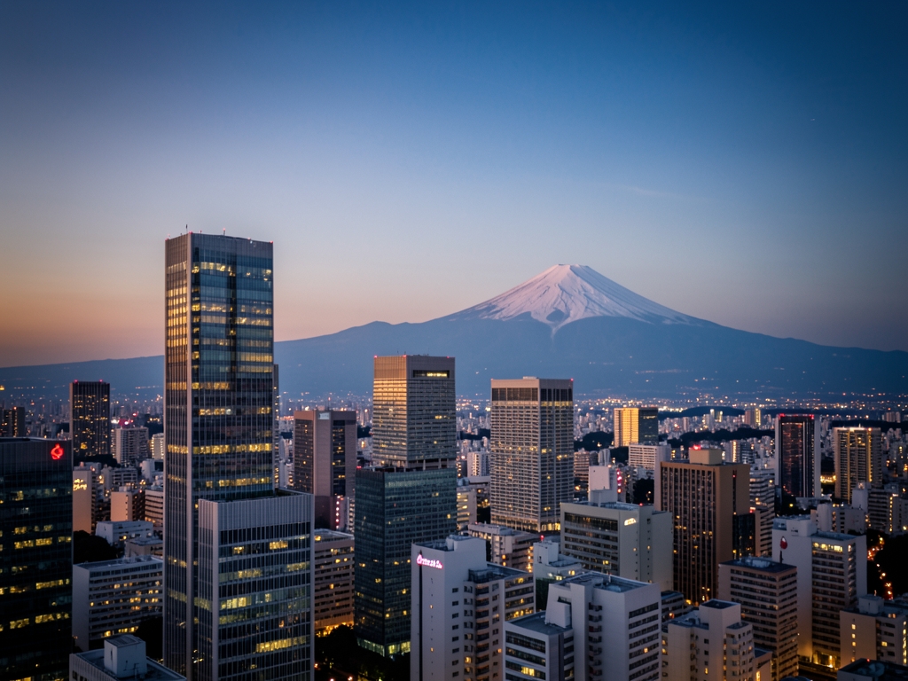 Tokyo skyline twilight with glowing towers distant Mount