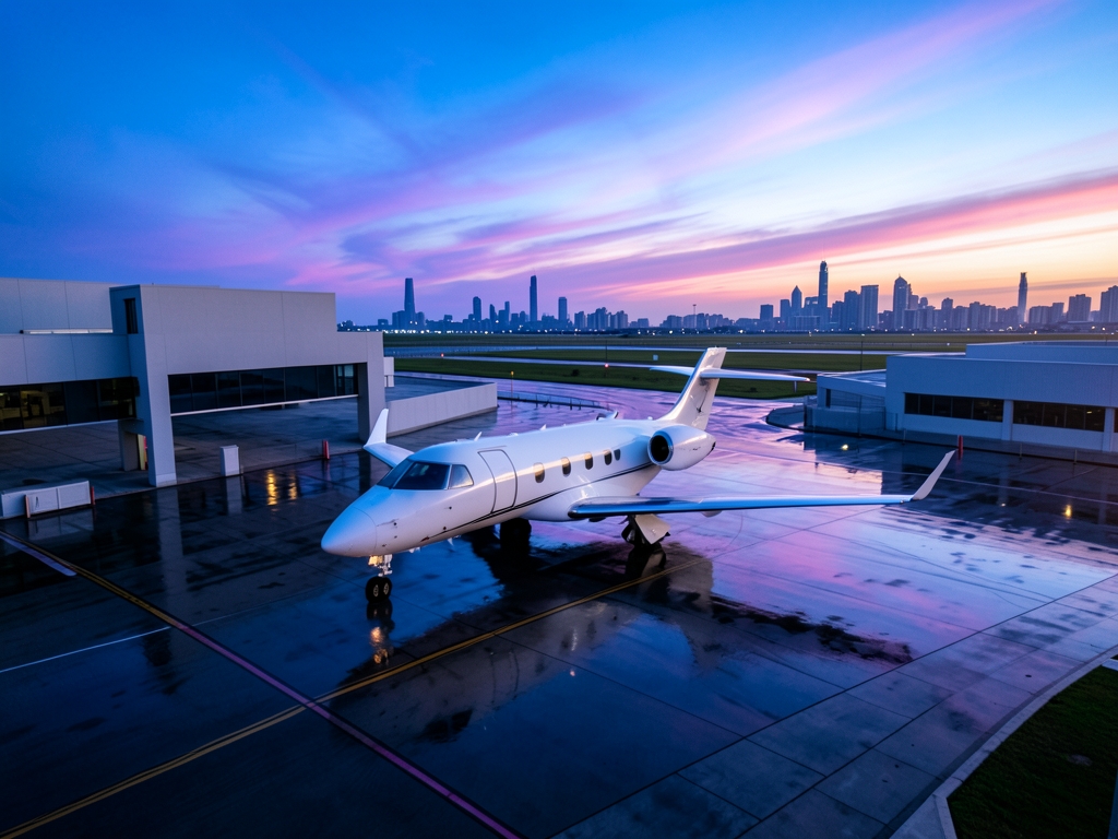 Aerial perspective private taxiing tarmac reflecting twilight hues