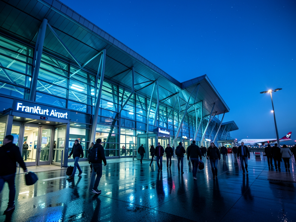 Frankfurt s modern terminal twilight with cool blue ambient