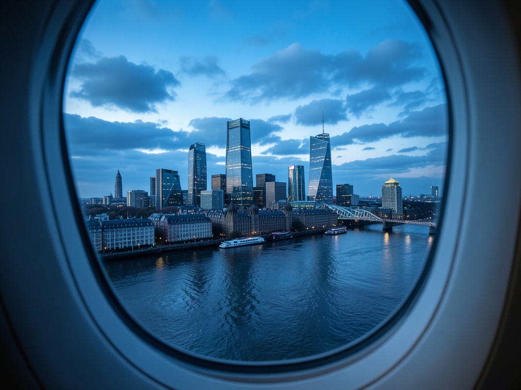 London skyline blue hour seen from airplane window