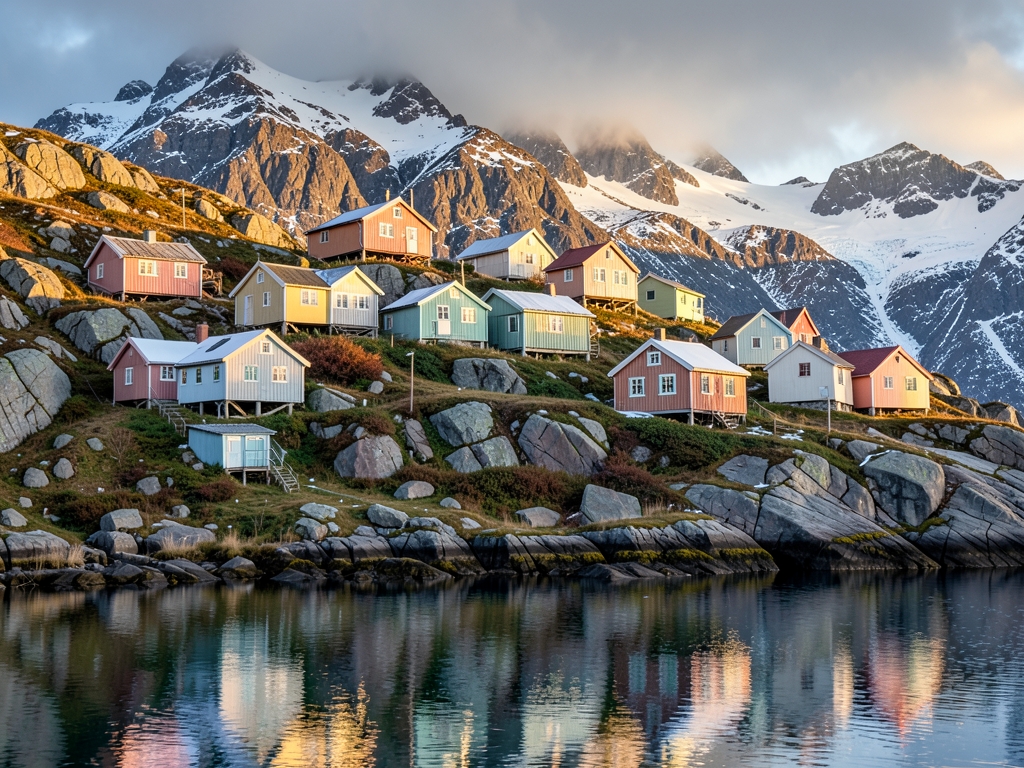 Colorful wooden houses scattered across rocky hillside above