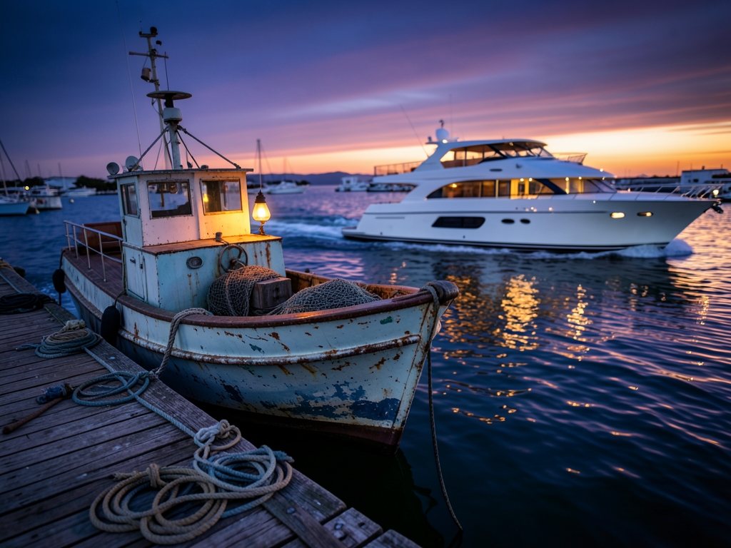 Twilight harbor scene where luxury yacht glides past