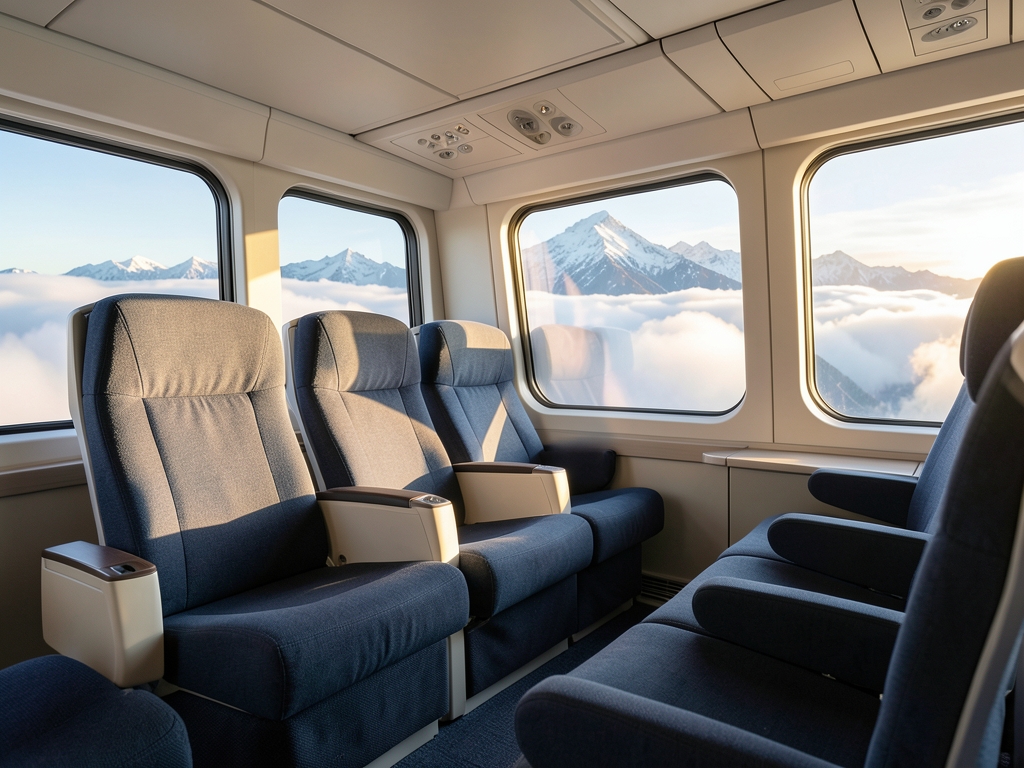 Bright premium economy cabin daylight with wide fabric