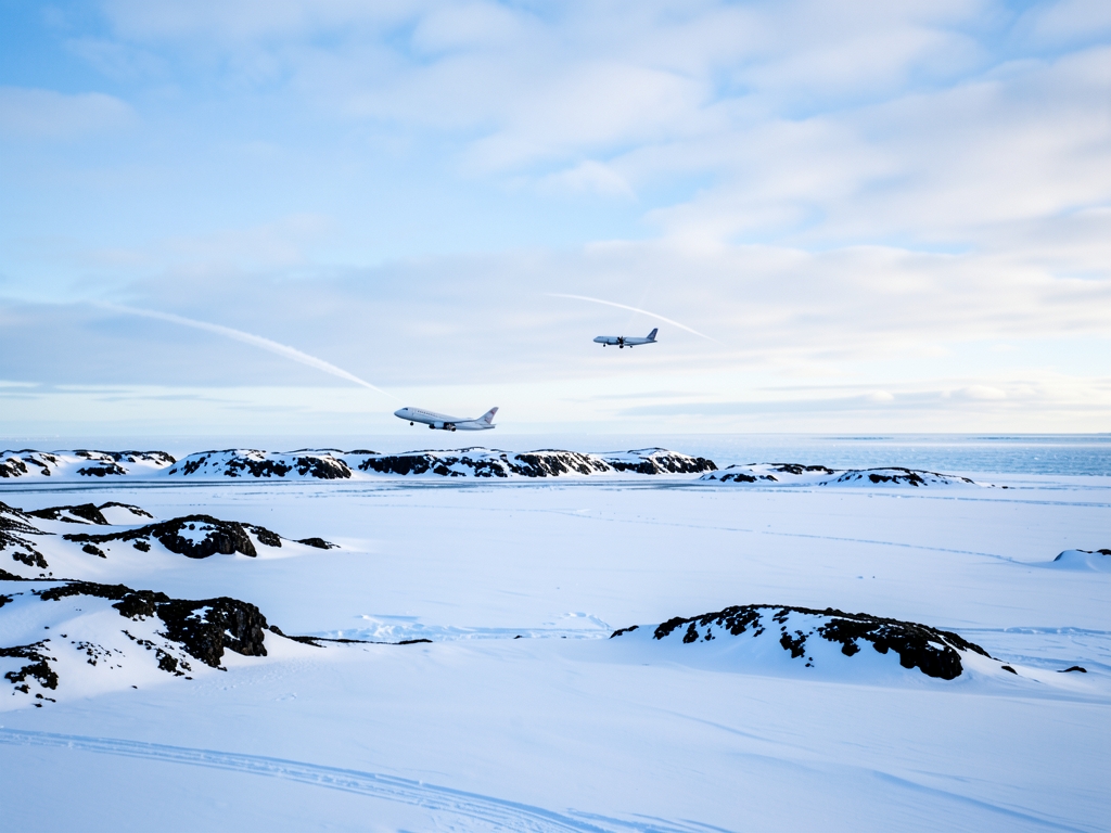 Above vast snow covered polar coastline sleek aircraft follows