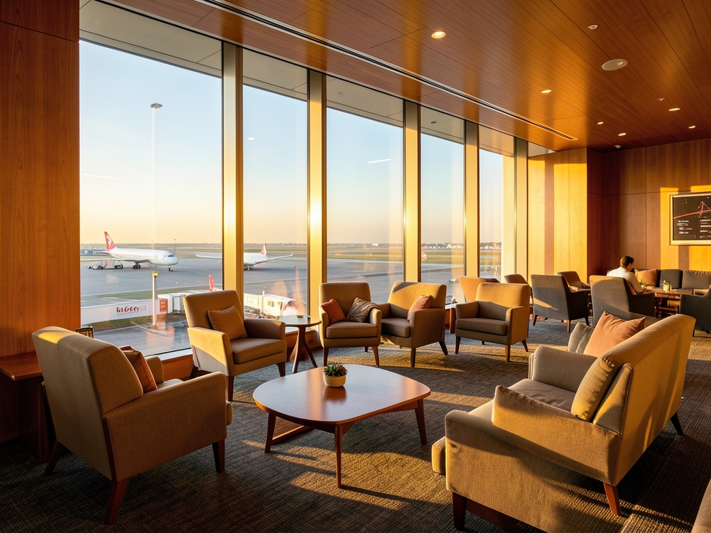 Modern airport lounge golden hour floor to ceiling glass overlooking