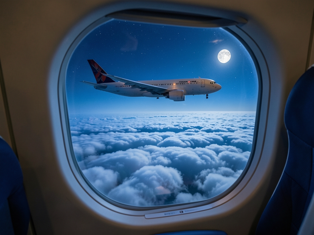 Long haul airliner cruising above moonlit cloud layers night