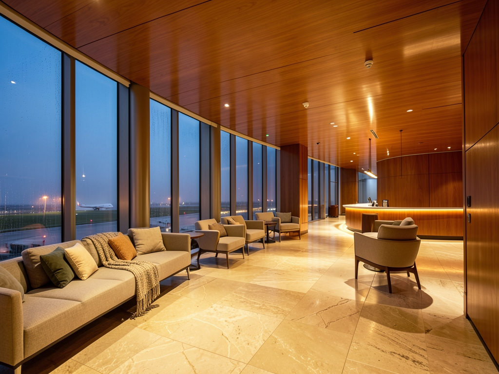 sleek airport lounge interior with warm wood paneling
