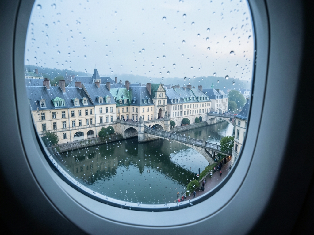 European riverside town beyond rain speckled airplane window pale