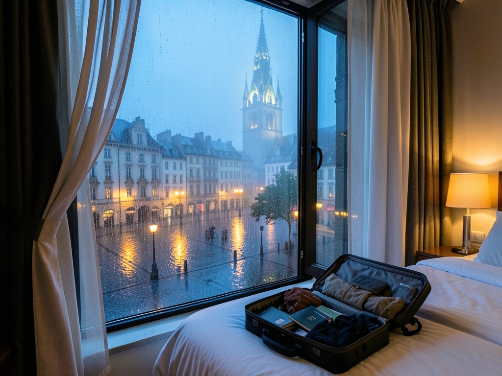 rainy European city square blue hour seen from