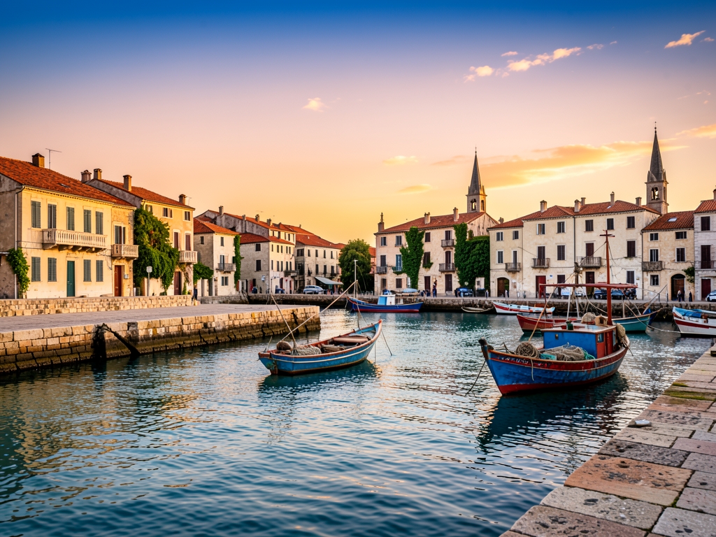 golden hour panorama historic European harbor with weathered limestone