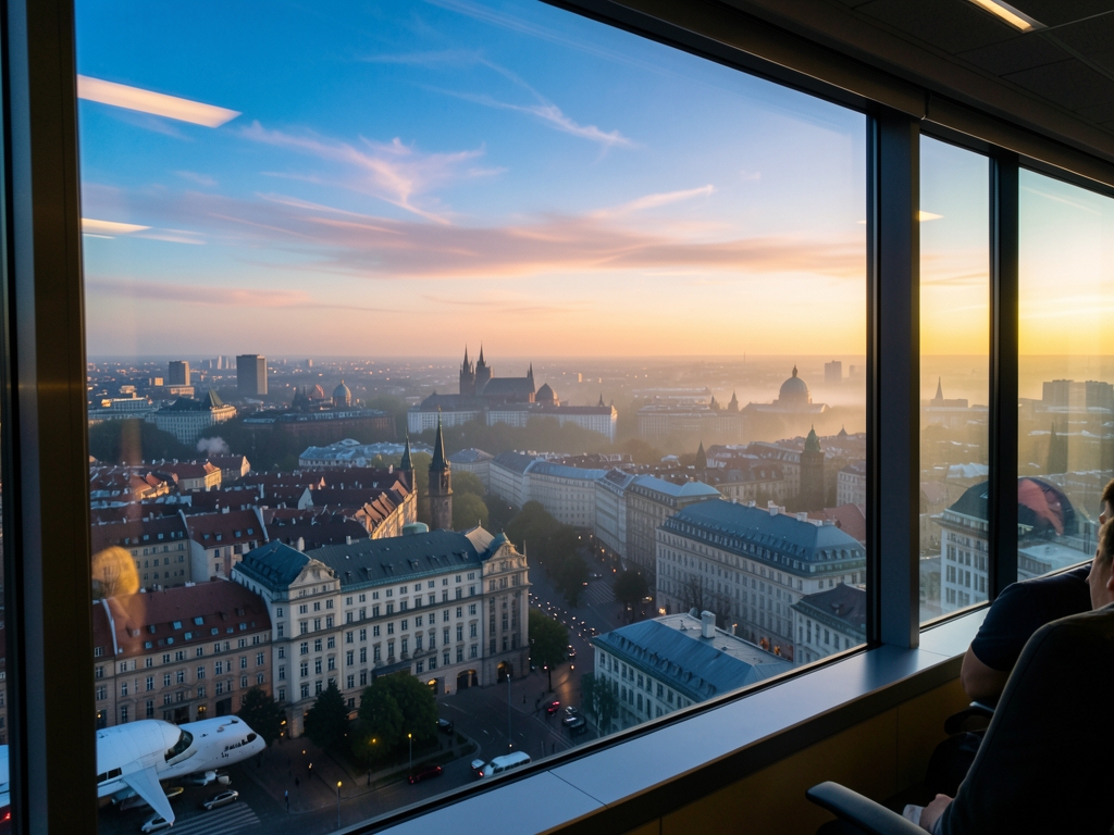 dawn view over European city skyline from airport