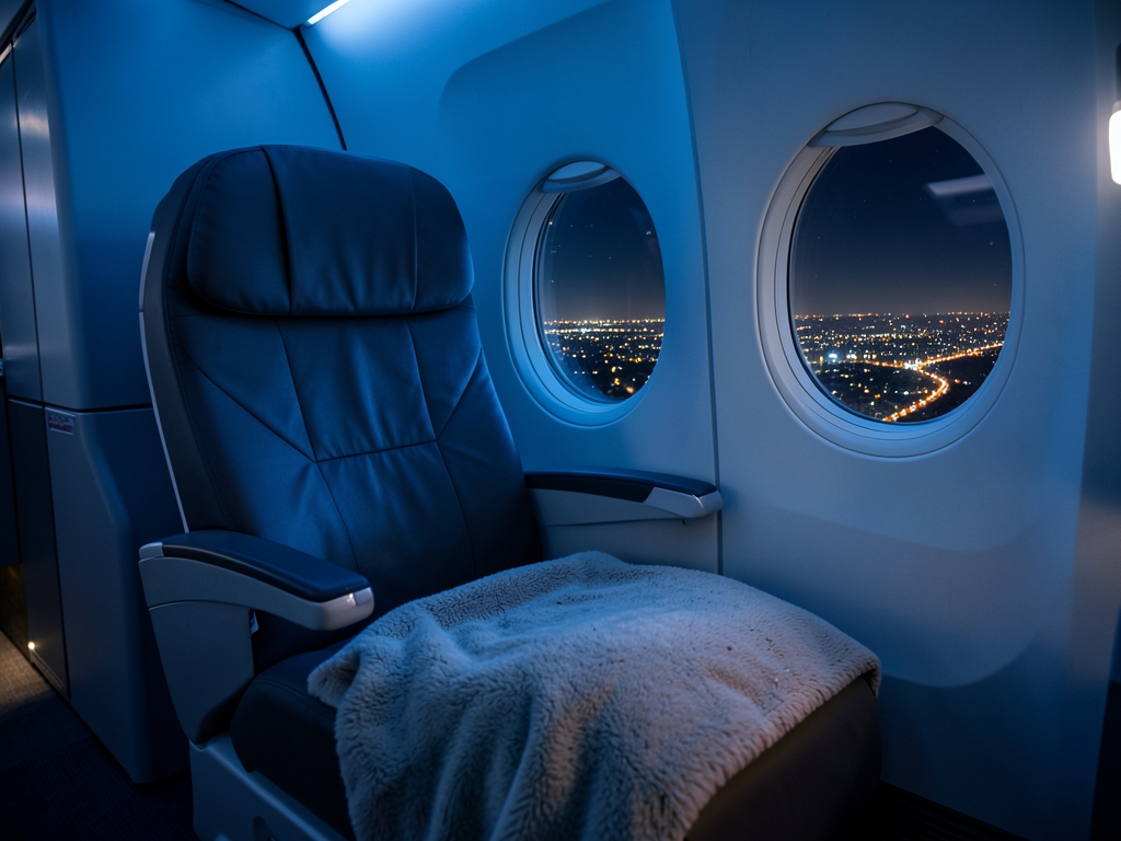 Transatlantic flight cabin interior night reclined lie flat seat